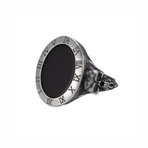 Chevalière homme argent 925 onyx noir têtes de mort memento mori gravées