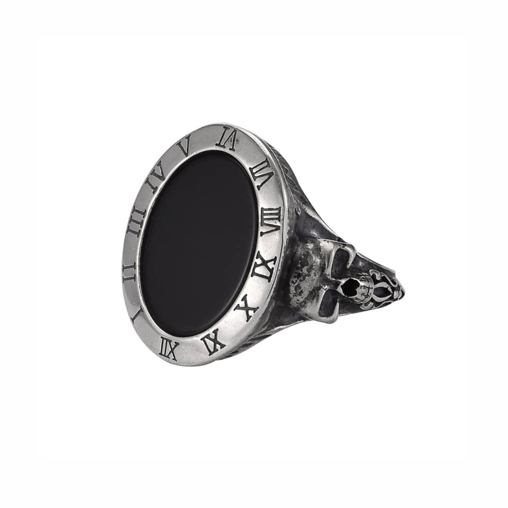 Chevalière homme argent 925 onyx noir têtes de mort memento mori gravées