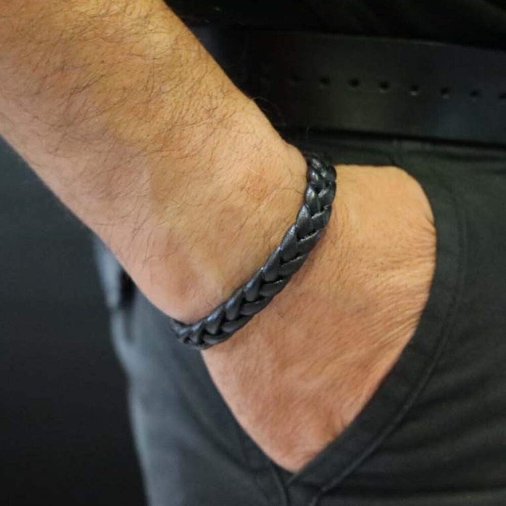 Alternative view of Bracelet homme argent cuir tressé noir