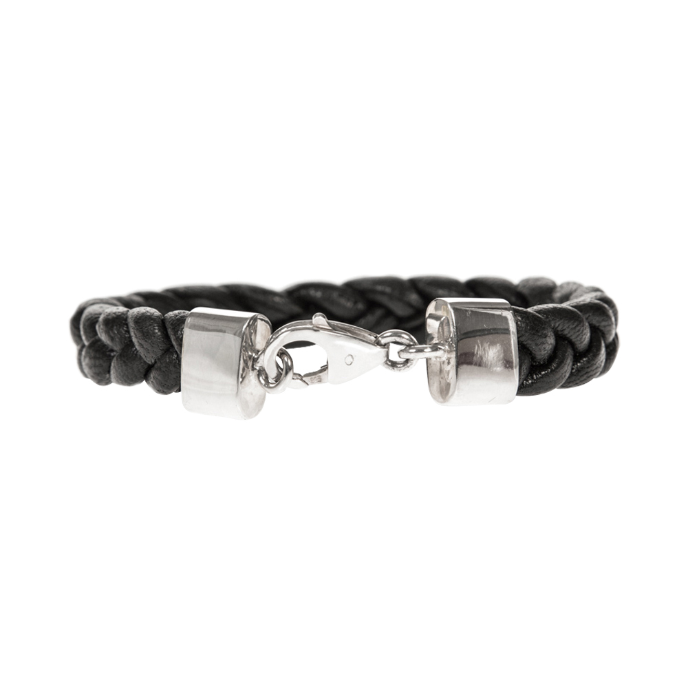 Bracelet homme argent cuir tressé noir