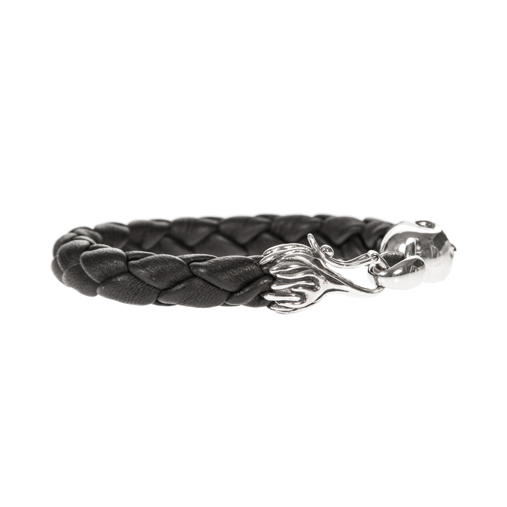 Alternative view of Bracelet homme cuir marron tête de mort et argent