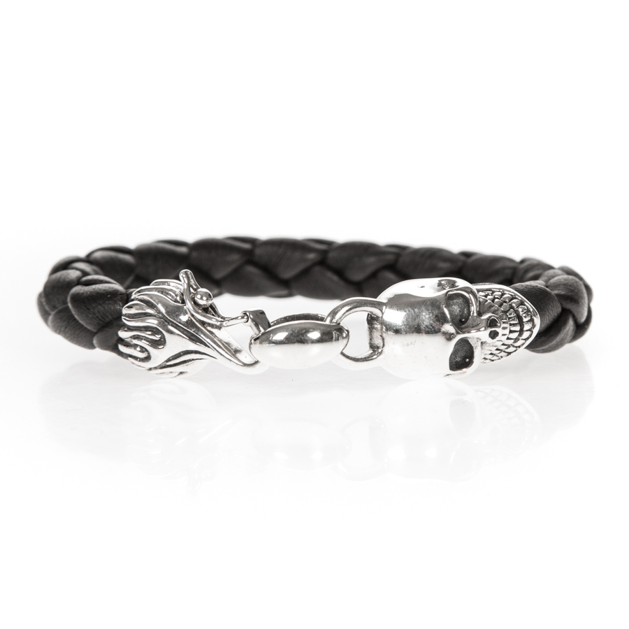 Bracelet homme cuir noir tête de mort en argent