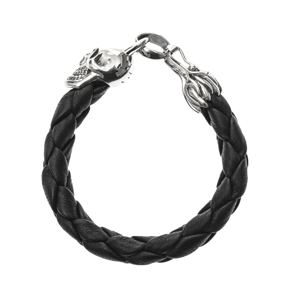 Alternative view of Bracelet homme cuir noir tête de mort en argent