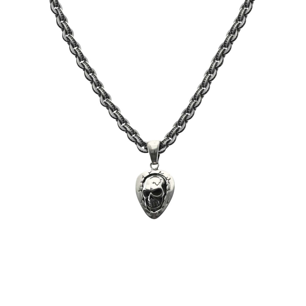 Collier chaîne argent massive 72g pendentif tête de mort médiator pierre noire zirconium Rock Factory