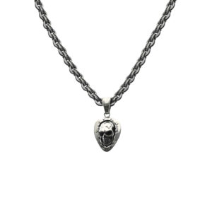 Collier chaîne argent massive 72g pendentif tête de mort médiator pierre noire zirconium Rock Factory