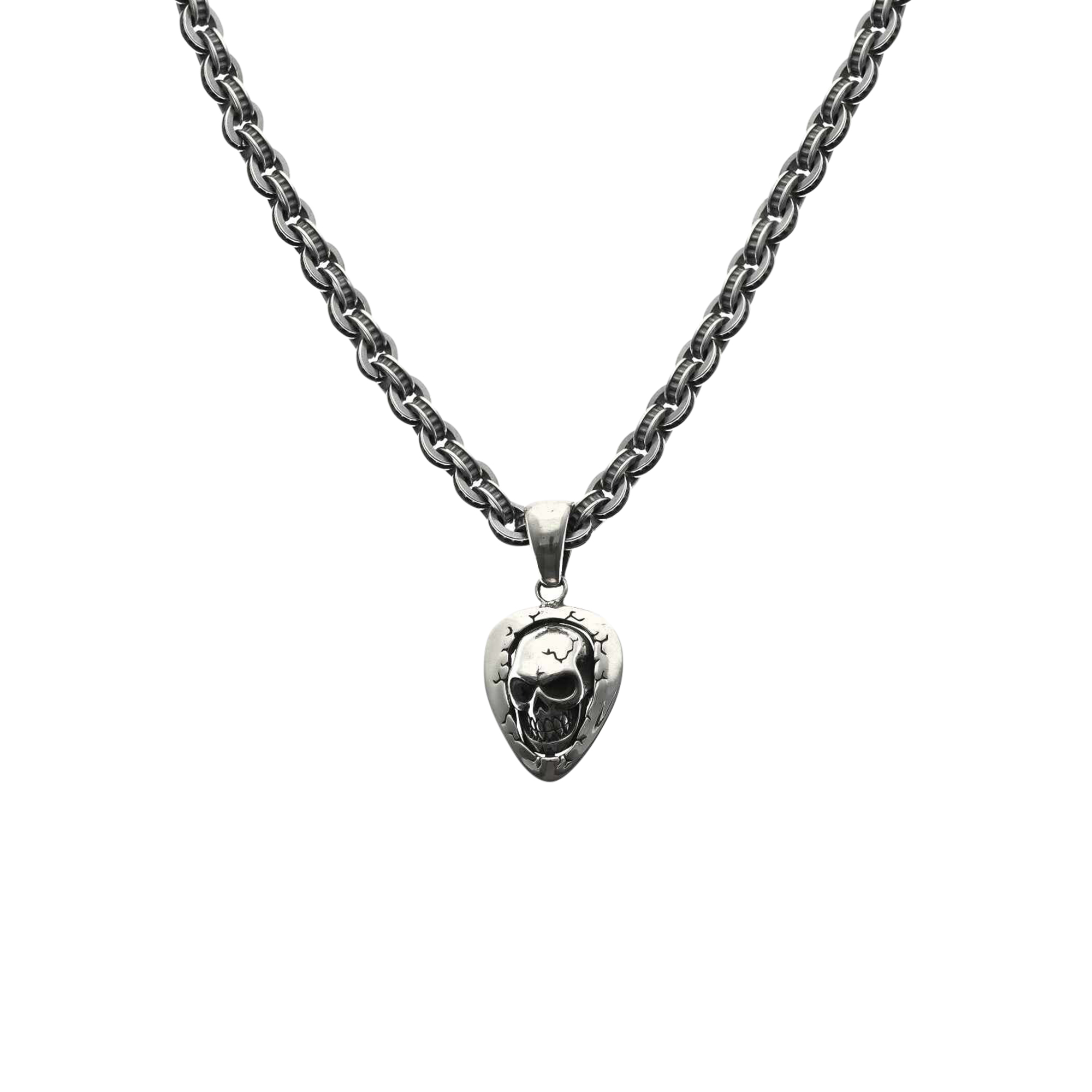 Collier chaîne argent massive 72g pendentif tête de mort médiator pierre noire zirconium Rock Factory