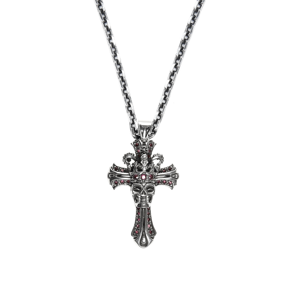 Collier homme croix royale tête de mort argent pierre rouge